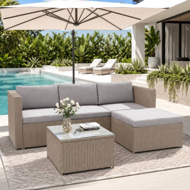 Merax Rattan Garden Corner Sofa Set with Coffee Table, Garden Furniture in Khaki - image 1