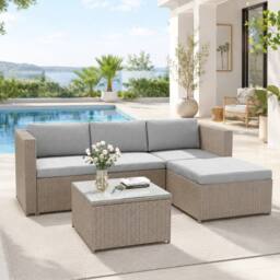 Merax Rattan Garden Corner Sofa Set with Coffee Table, Garden Furniture in Khaki - thumbnail 8