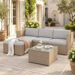 Merax Rattan Garden Corner Sofa Set with Coffee Table, Garden Furniture in Khaki - thumbnail 2