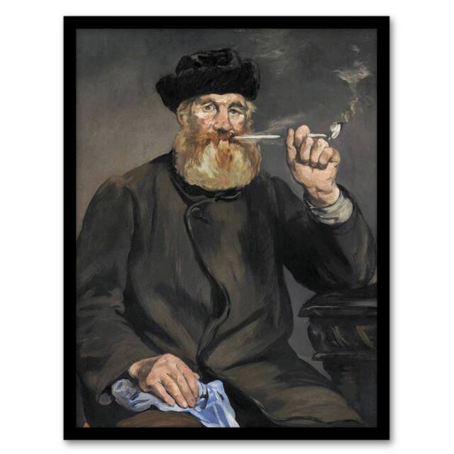 Artery8 The Pipe Smoker Portrait Manet Vintage Framed Wall Art Print in Grey - Size: A4 - image 1
