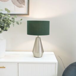 ValueLights Jax Brushed Chrome Dimmable Touch Table Lamp with Fabric Drum Shade in Bottle Green - thumbnail 1