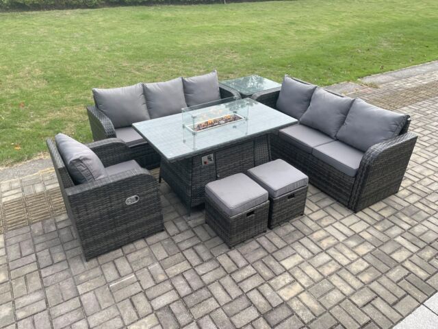 Fimous Rattan Outdoor Furniture Gas Fire Pit Rectangle Dining Table Gas Heater Reclining Chair 3 Seater Sofa Sets with 2 Small Footstools in Dark Grey - image 1