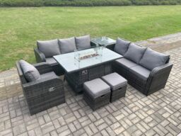 Fimous Rattan Outdoor Furniture Gas Fire Pit Rectangle Dining Table Gas Heater Reclining Chair 3 Seater Sofa Sets with 2 Small Footstools in Dark Grey - thumbnail 3