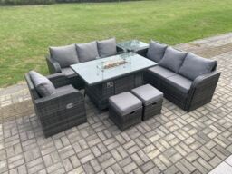 Fimous Rattan Outdoor Furniture Gas Fire Pit Rectangle Dining Table Gas Heater Reclining Chair 3 Seater Sofa Sets with 2 Small Footstools in Dark Grey - thumbnail 1