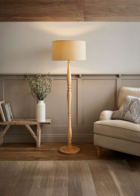 ValueLights Victoria Light Wood Traditional Stem Floor Lamp with Fabric Drum Shade in Natural - image 1