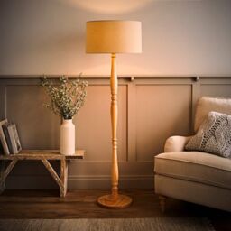 ValueLights Victoria Light Wood Traditional Stem Floor Lamp with Fabric Drum Shade in Natural - thumbnail 3
