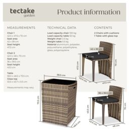 tectake Garden Table & Chairs Hamburg - 2 chairs, 1 dining table, bistro set in Natural - Size: 2 Seater - thumbnail 6