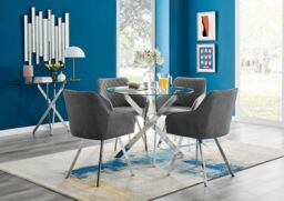 FurnitureboxUK Novara Round Glass Dining Table & 4 Falun Silver Leg Chairs in Dark Grey
