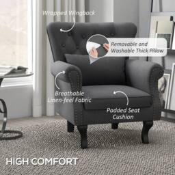 NESTLUNE Wingback Armchair, Chesterfield-style Accent Chair, Dark Grey - Size: 100 cm x 15 cm - thumbnail 6