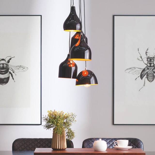 Wyld and Coco 5-Light Industrial Pendant Lamp Black Iron with Orange Interior - image 1