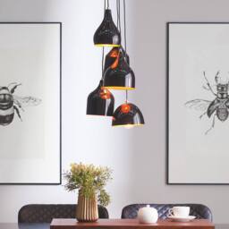 Wyld and Coco 5-Light Industrial Pendant Lamp Black Iron with Orange Interior