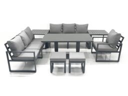 Fimous Outdoor Garden Furniture Set Aluminium Lounge Sofa Adjustable Rising Lifting Dining Table Sets with 2 Small Footstools 2 Side Tables Dark Grey - thumbnail 1