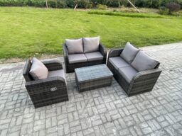 Fimous High Back Rattan Garden Furniture Set with Loveseat Sofa Rectangular Coffee Table Indoor Outdoor Patio Lounge Sofa Set Dark Grey Mixed - thumbnail 2