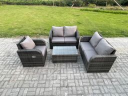 Fimous High Back Rattan Garden Furniture Set with Loveseat Sofa Rectangular Coffee Table Indoor Outdoor Patio Lounge Sofa Set Dark Grey Mixed - thumbnail 1