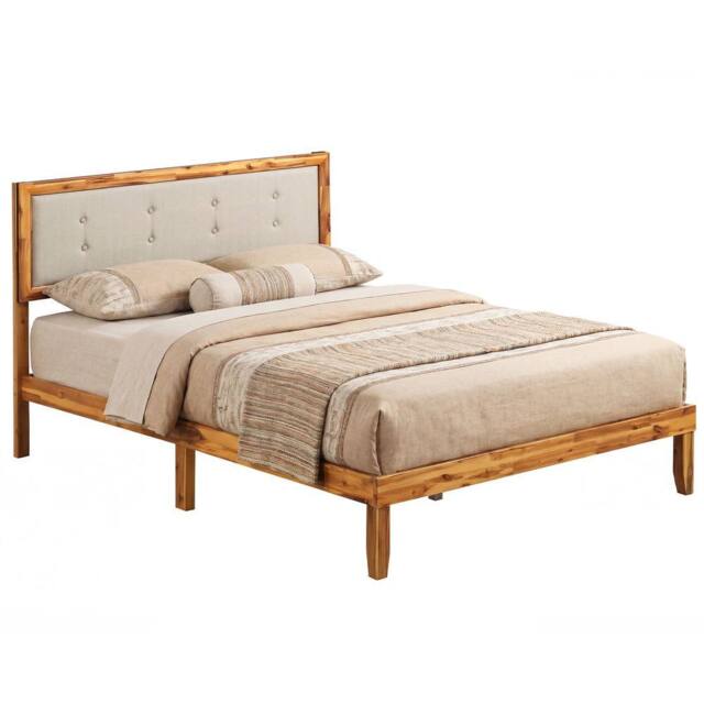 Costway Double Size Bed Frame Acacia Wood Platform Beds w/ Tufted Headboard in Beige - image 1