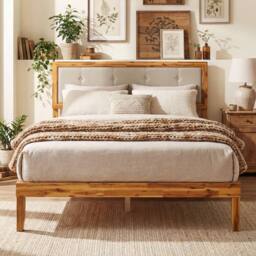 Costway Double Size Bed Frame Acacia Wood Platform Beds w/ Tufted Headboard in Beige - thumbnail 8