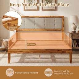 Costway Double Size Bed Frame Acacia Wood Platform Beds w/ Tufted Headboard in Beige - thumbnail 6
