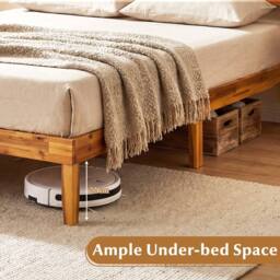Costway Double Size Bed Frame Acacia Wood Platform Beds w/ Tufted Headboard in Beige - thumbnail 7