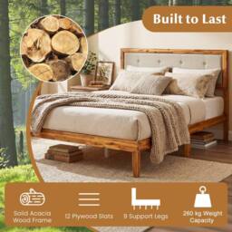 Costway Double Size Bed Frame Acacia Wood Platform Beds w/ Tufted Headboard in Beige - thumbnail 5