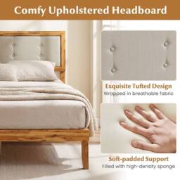 Costway Double Size Bed Frame Acacia Wood Platform Beds w/ Tufted Headboard in Beige - thumbnail 4
