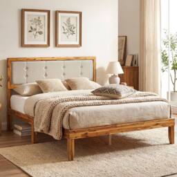 Costway Double Size Bed Frame Acacia Wood Platform Beds w/ Tufted Headboard in Beige - thumbnail 9