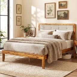 Costway Double Size Bed Frame Acacia Wood Platform Beds w/ Tufted Headboard in Beige - thumbnail 3