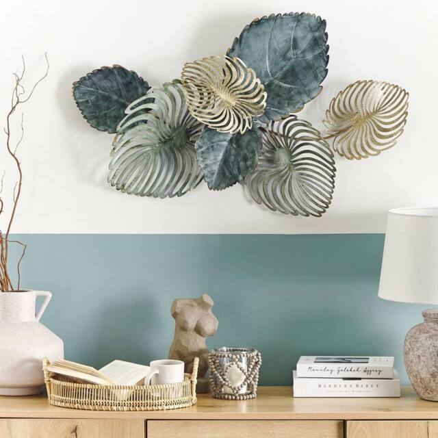 Wyld and Coco Gold Teal Iron Wall Sculpture 88 x 55 cm - Hand-Painted Leaf Design in Blue - image 1