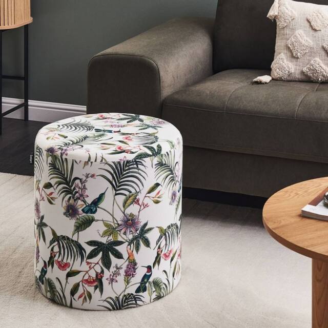 Wyld and Coco Round Multicolour Ottoman Pouffe Floral Velvet Upholstery MDF Base - image 1