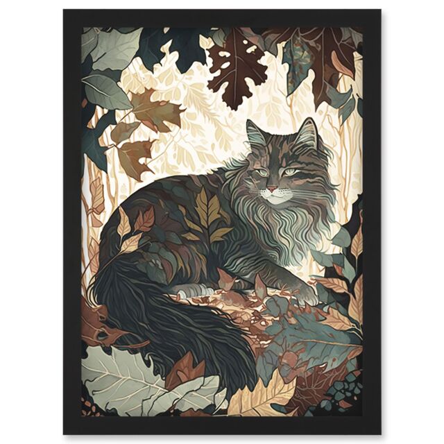 Artery8 Norwegian Forest Cat Resting Under Bush Trees Modern Illustration Artwork Framed Wall Art Print A4 in Black - image 1