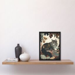 Artery8 Norwegian Forest Cat Resting Under Bush Trees Modern Illustration Artwork Framed Wall Art Print A4 in Black - thumbnail 2