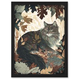 Artery8 Norwegian Forest Cat Resting Under Bush Trees Modern Illustration Artwork Framed Wall Art Print A4 in Black - thumbnail 1