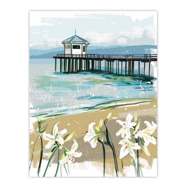 "Artery8 Scottish Beach Pier Lily Wildflowers Painting Wall Art Print in Blue - Size: W24"" x H32""" - image 1