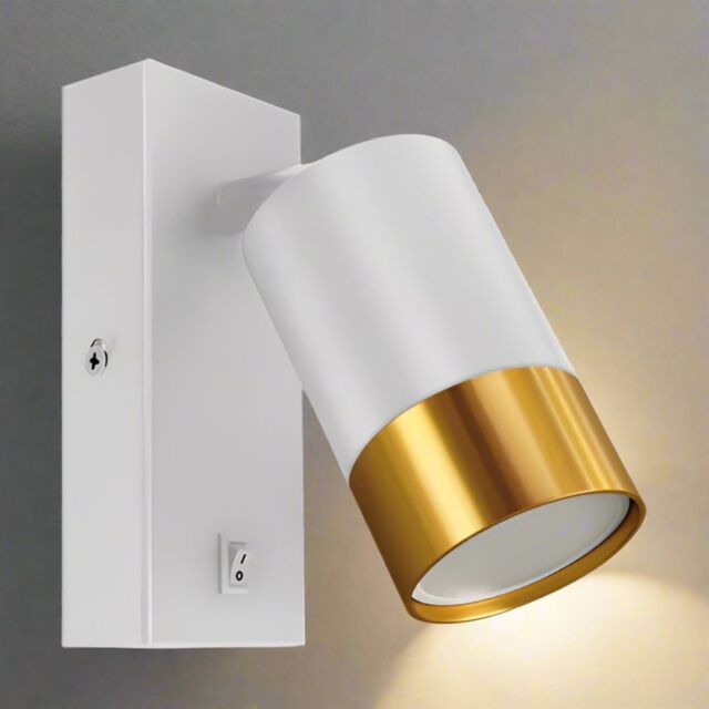 CGC Lighting 'Puzon' White & Gold GU10 Adjustable Single GU10 Spotlight Wall Light with Switch - image 1