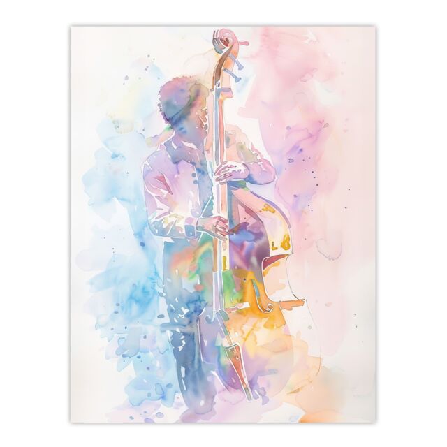 "Artery8 Double Bassist Jazz Musician Light Watercolour Wall Art Print - Size: W24"" x H32""" - image 1