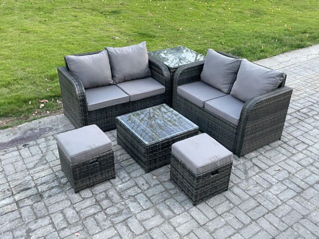 Fimous Rattan Sofa Set Outdoor Garden Furniture Set with Square Coffee Table Loveseat Sofa 2 Small Footstool Side Table Dark Grey Mixed - image 1