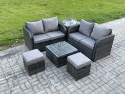Fimous Rattan Sofa Set Outdoor Garden Furniture Set with Square Coffee Table Loveseat Sofa 2 Small Footstool Side Table Dark Grey Mixed - thumbnail 1