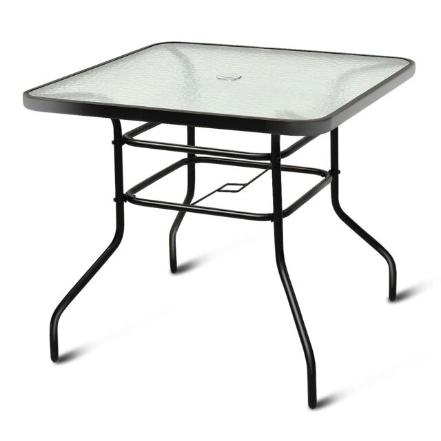Costway Patio Bistro Table Glass Top Outdoor Square Coffee Tea Table with Umbrella Hole in Black - image 1