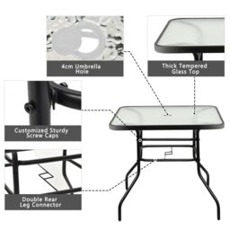 Costway Patio Bistro Table Glass Top Outdoor Square Coffee Tea Table with Umbrella Hole in Black - thumbnail 3