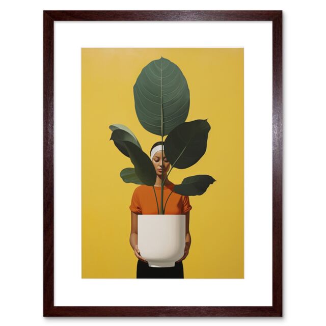 Artery8 Wall Art Print Rubber Tree Showcase Realistic Oil Painting Yellow Orange Green Woman with Plant Pot Minimalist Artwork Framed 9X7 Inch - image 1