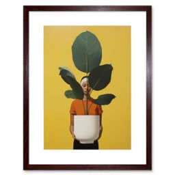 Artery8 Wall Art Print Rubber Tree Showcase Realistic Oil Painting Yellow Orange Green Woman with Plant Pot Minimalist Artwork Framed 9X7 Inch - thumbnail 1