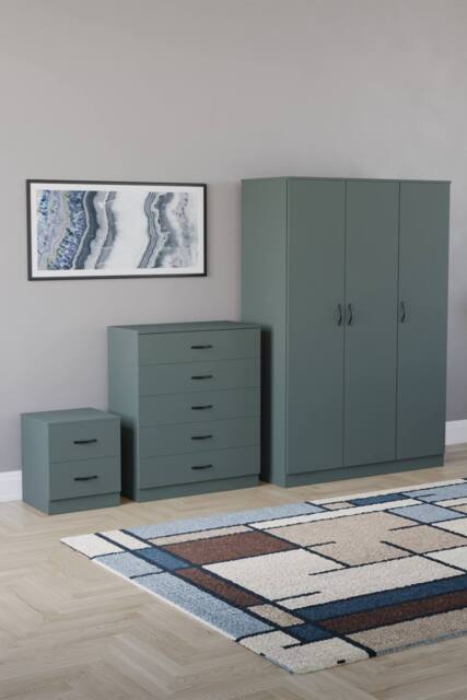 Home Discount Riano 3Pc Bedroom Set - 2 Drawer Bedside, 5 Drawer Chest & Wardrobe in Green - image 1
