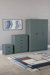 Home Discount Riano 3Pc Bedroom Set - 2 Drawer Bedside, 5 Drawer Chest & Wardrobe in Green - thumbnail 1