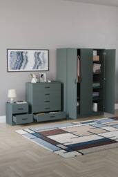 Home Discount Riano 3Pc Bedroom Set - 2 Drawer Bedside, 5 Drawer Chest & Wardrobe in Green - thumbnail 2