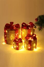 Living and Home 4Pcs Round Christmas Gift Boxes with LED Light Bowknot Decor in Gold - thumbnail 1