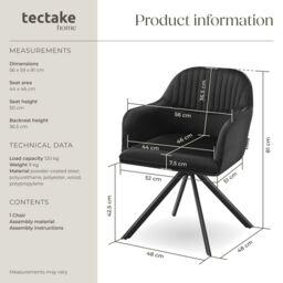 tectake Armchair Lona Set Of 6 - Black/Black in Black - Size: 6 Pack - thumbnail 6
