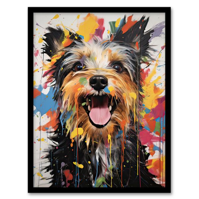 Artery8 Wall Art Print Colourful Yorkshire Terrier Oil Painting Pet Portrait Framed Art - Size: A4 - image 1