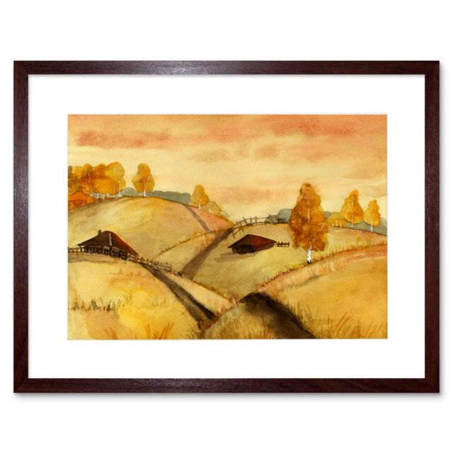 "Artery8 Wall Art Print Watercolour Russian Fields Landscape Art Framed 9x7 inch in Brown - Size: W7"" x H9""" - image 1