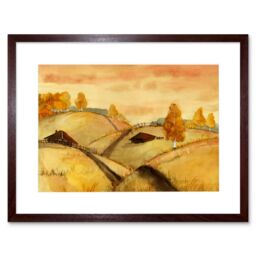 "Artery8 Wall Art Print Watercolour Russian Fields Landscape Art Framed 9x7 inch in Brown - Size: W7"" x H9""" - thumbnail 1