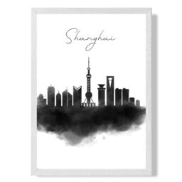 ARTZE Shanghai Watercolour Skyline City Framed Print SIZE: A3 with White Frame in Black - Size: A4 - thumbnail 1