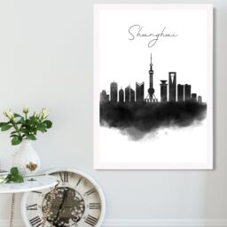 ARTZE Shanghai Watercolour Skyline City Framed Print SIZE: A3 with White Frame in Black - Size: A4 - thumbnail 2